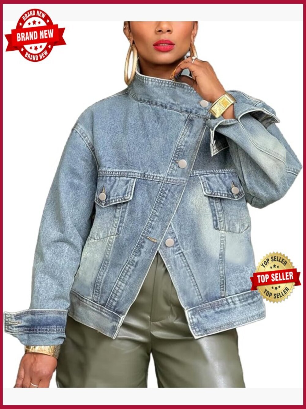 Women's Denim Jacket Casual Long Sleeve Button Down Stand Collar Asymmetric